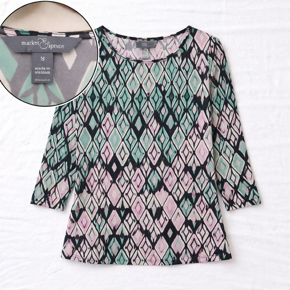 Market & Spruce Blouse Womens Medium‎ 3/4 Sleeve Geometric Careerwear
